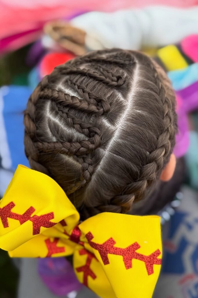 Intricate Zig-Zag Cornrows Ending in a Low Style with Oversized Bow