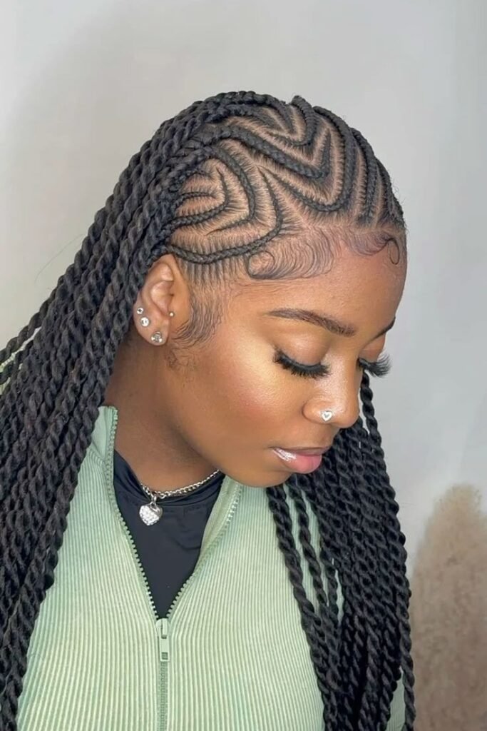 Intricate Zig-Zag Parted Cornrows with Long Twisted Extensions