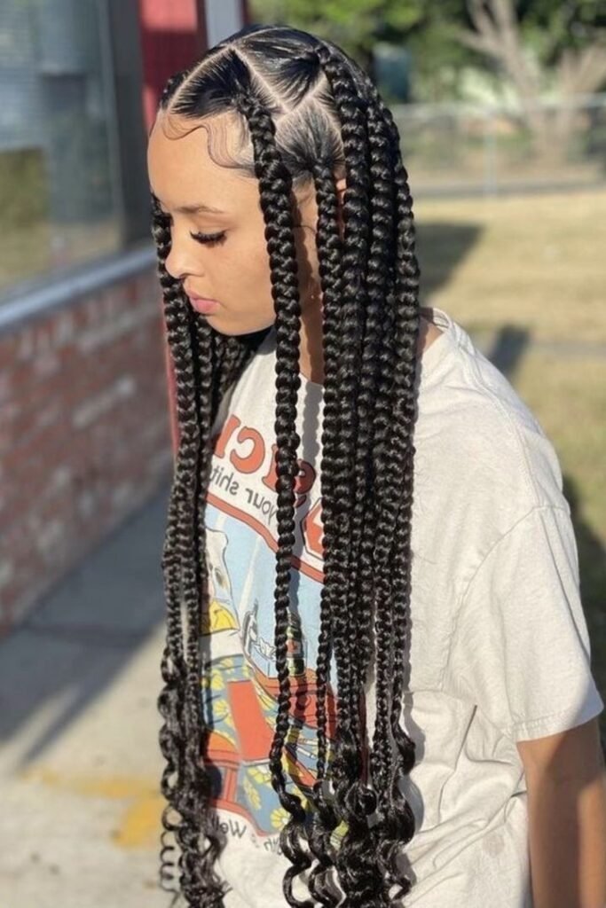 Jumbo Box Braids with Curly Ends and Laid Edges