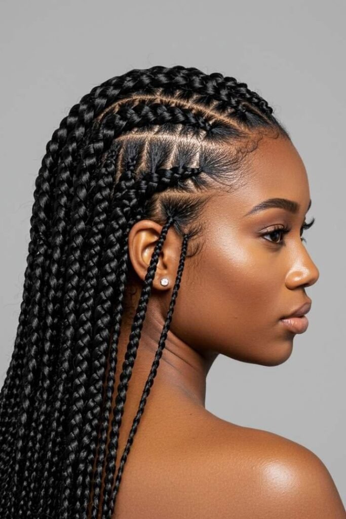 Jumbo Box Braids with Square Partings and Sleek Edges