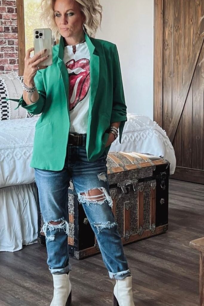 Kelly Green Blazer + Rolling Stones Graphic Tee + Distressed Boyfriend Jeans + White Square-Toe Boots