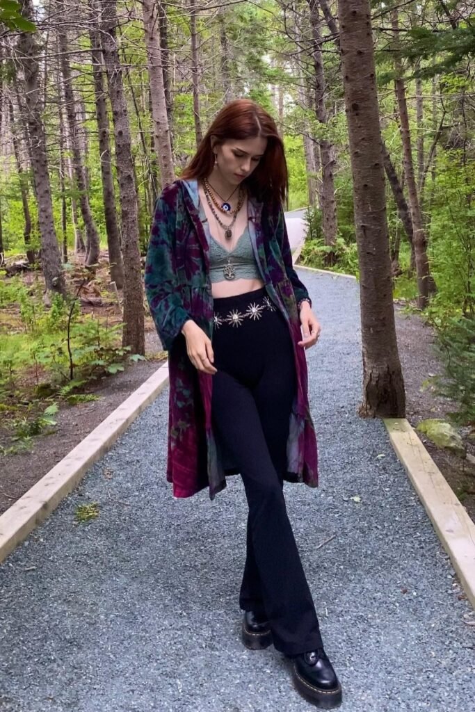 Lace Bralette + Tie-Dye Long Hooded Cardigan + Black Flared Trousers + Black Platform Boots