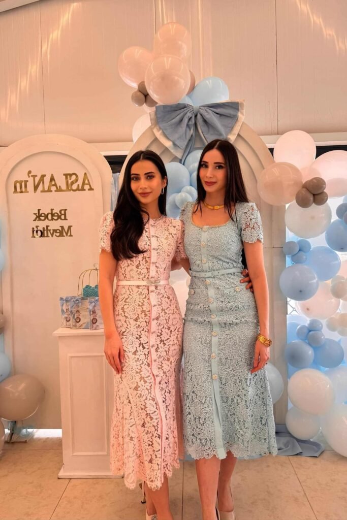 Lace Button-Down Midi Dresses (Pink & Blue) + Pointed-Toe Pumps + Gold Jewelry