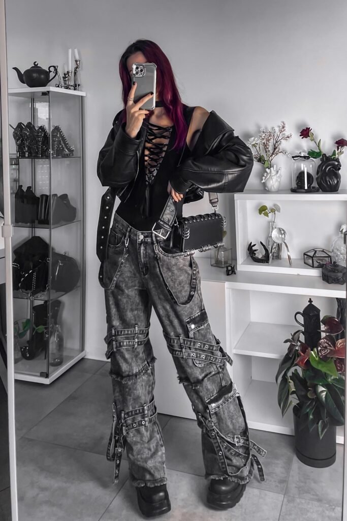 Lace-Up Black Bodysuit + Cropped Leather Jacket + Multi-Buckle Acid Wash Grey Cargo Pants + Chunky Platform Boots