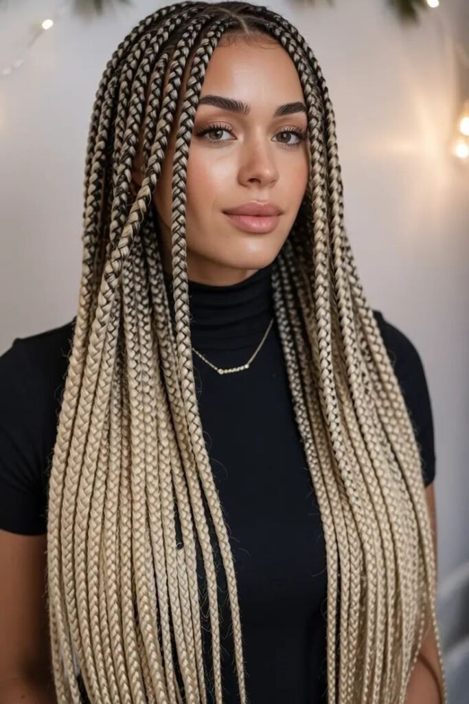 Large Ash Blonde Box Braids with High-Contrast Dark Roots