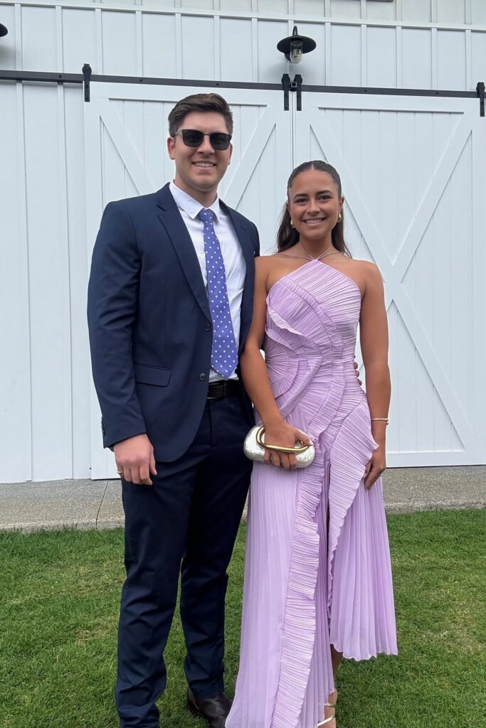 Lavender Pleated Ruffle Halter Dress + Gold Handle White Clutch + Silver Strappy Sandals