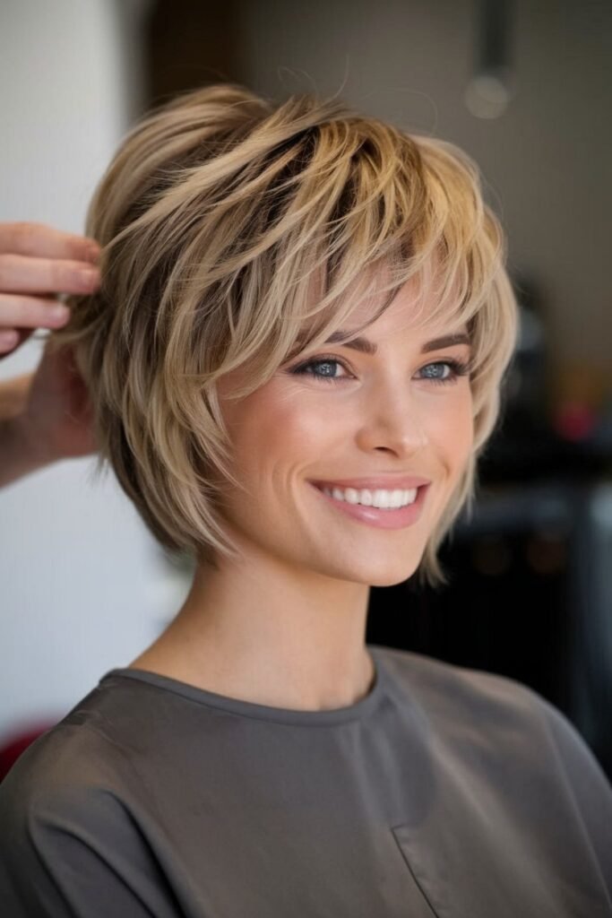 Layered Blonde Pixie Bob with Wispy Fringe