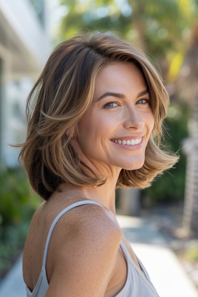 Layered Caramel Brown Bob with Sun-Kissed Highlights