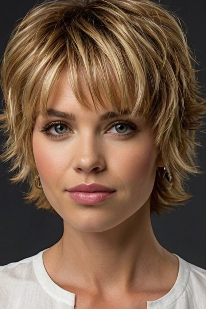Layered Golden Blonde Shag with Full Feathery Bangs