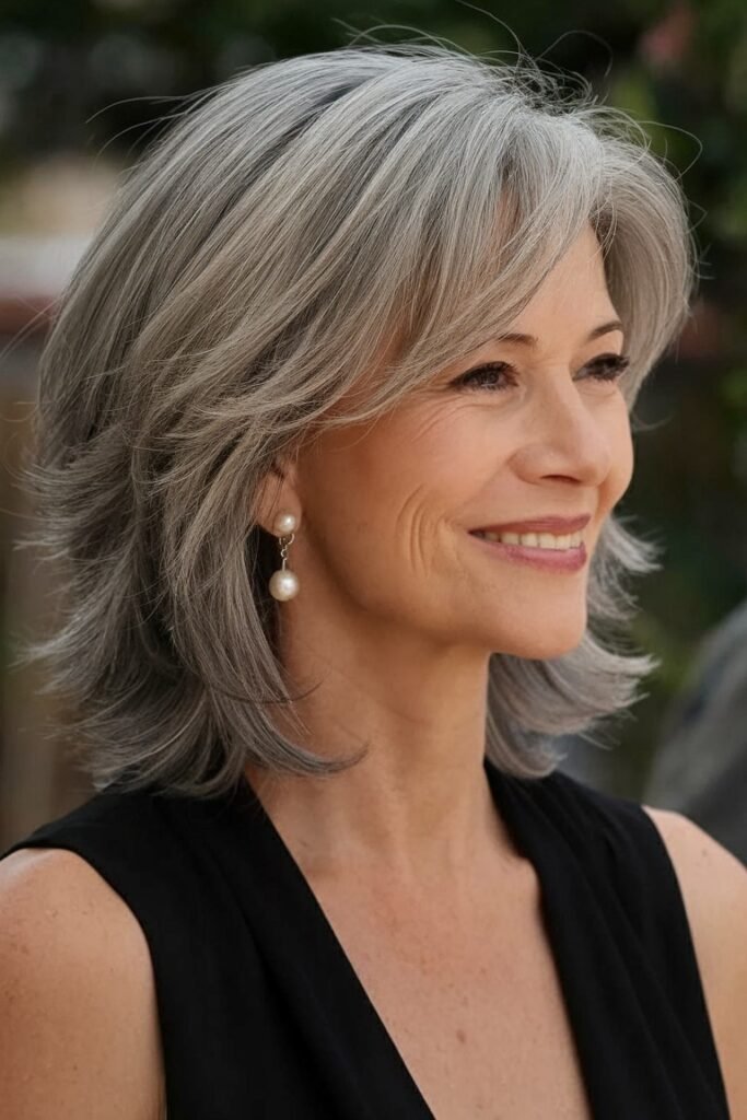 Layered Grey Lob with Feathered Face-Framing