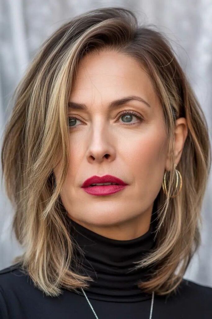 Layered Lob with Side-Swept Volume and Subtle Highlights