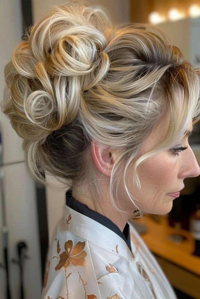 Layered Messy High Bun with Side-Swept Bangs