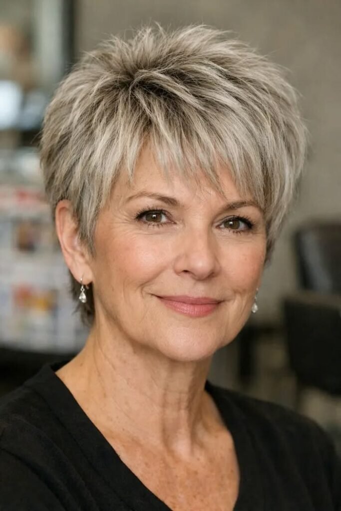 Layered Salt-and-Pepper Pixie with Front-Facing Texture