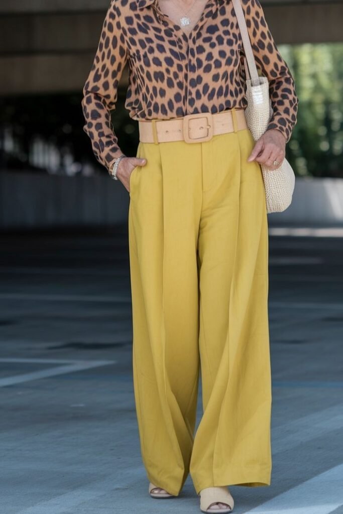 Leopard Print Blouse + Yellow Wide-Leg Trousers + Tan Block Heel Sandals