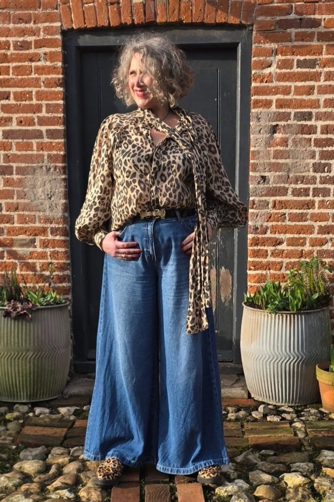Leopard Print Tie-Neck Blouse + Ultra Wide-Leg Jeans + Leopard Print Loafers