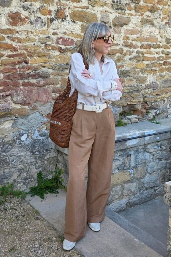 Light Beige Button-Down Shirt + Camel Wide-Leg Pleated Trousers + White Loafers