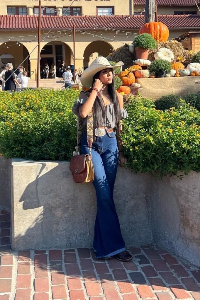 Light Beige Cowboy Hat + Grey Off-the-Shoulder Blouse + Dark Wash Flare Jeans