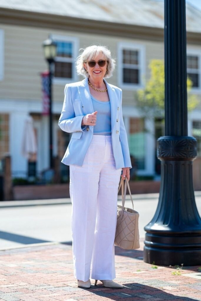 Light Blue Blazer + Blue Scoop Neck Top + White Wide-Leg Trousers + Beige Heels