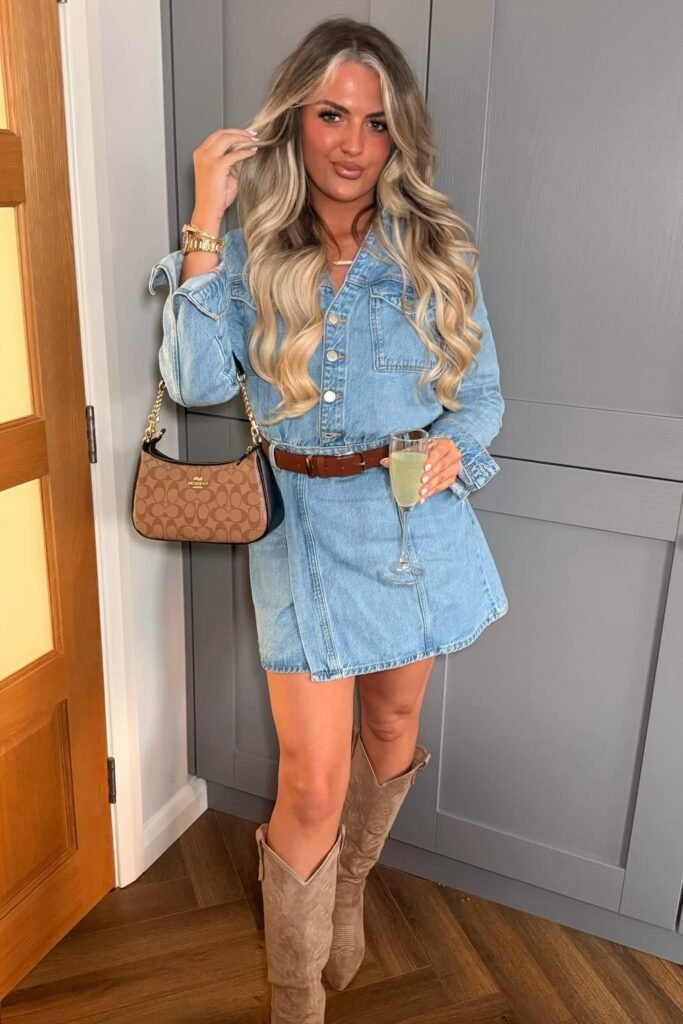 Light Blue Denim Shirt Dress + Brown Leather Belt + Tan Suede Boots