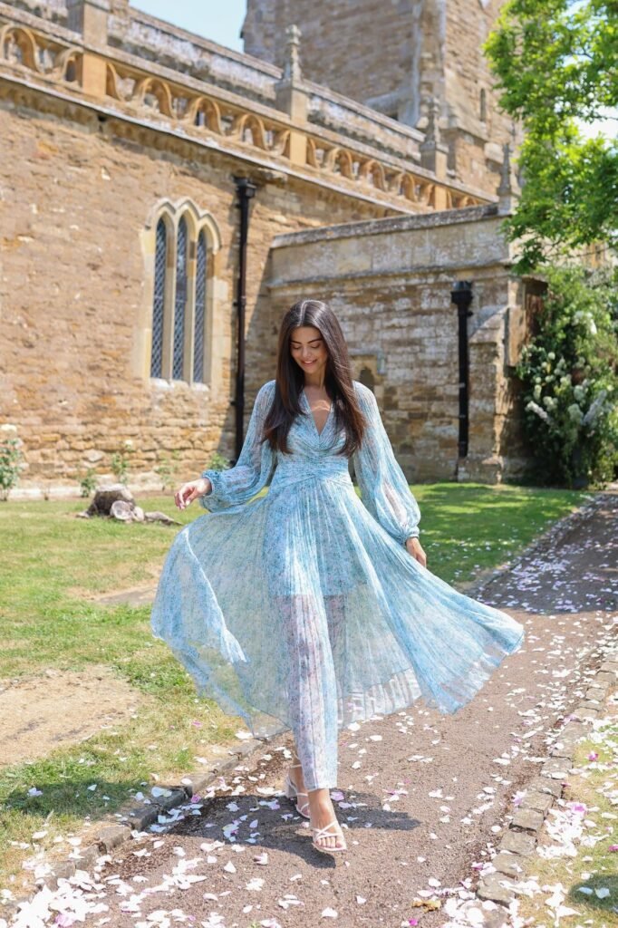 Light Blue Floral Pleated Maxi Dress + White Strappy Sandals