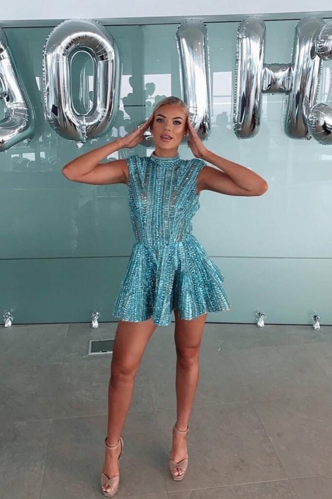 Light Blue Lace Short-Sleeve Midi Dress + Matching Waist Belt + Nude Pumps