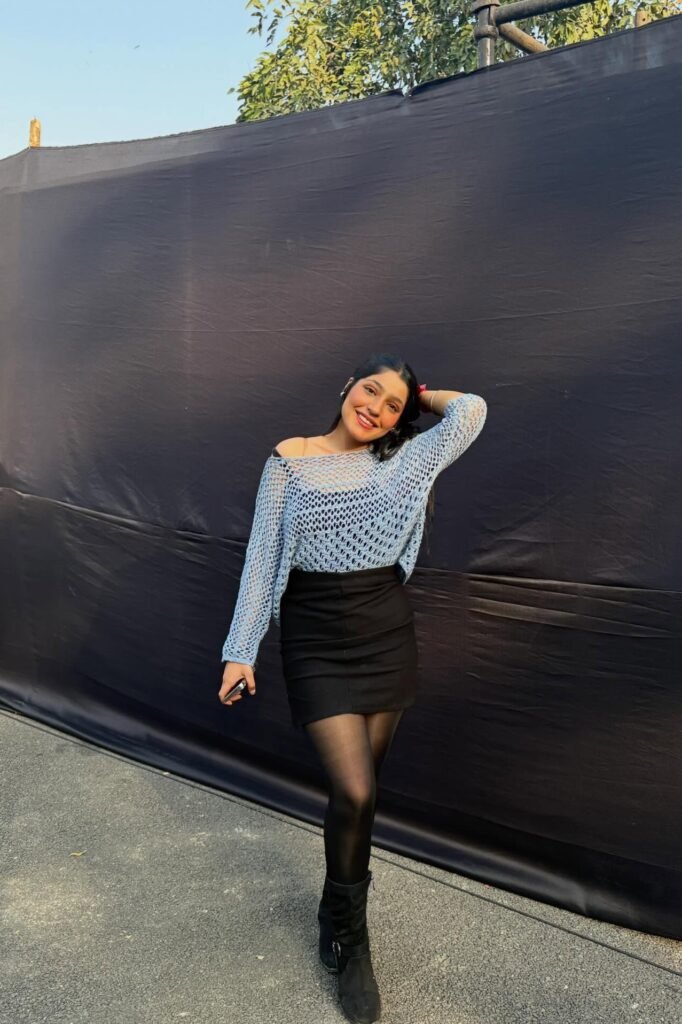 Light Blue Open-knit Sweater + Black Mini Skirt + Black Tights and Boots