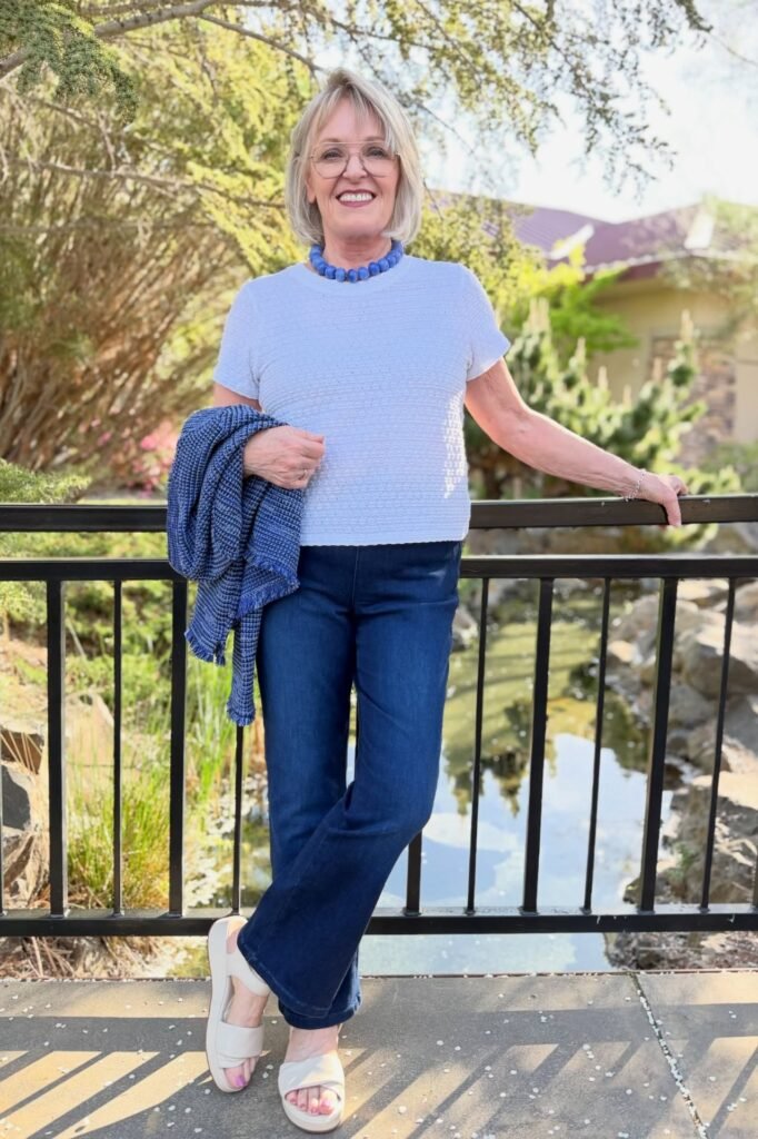 Light Blue Short-Sleeve Knit Top + Dark Wash Straight-Leg Jeans + Off-White Platform Sandals