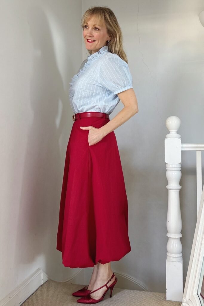 Light Blue Striped Ruffle Blouse + Red Maxi Skirt + Red Slingback Heels