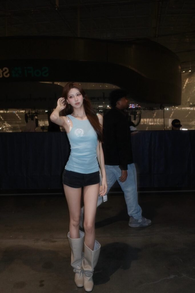 Light Blue Tank Top + Black Denim Shorts + Beige Slouchy Boots