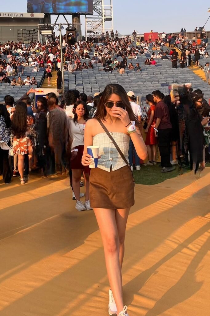 Light Blue Textured Tube Top + Brown Suede Mini Skirt + White Sneakers