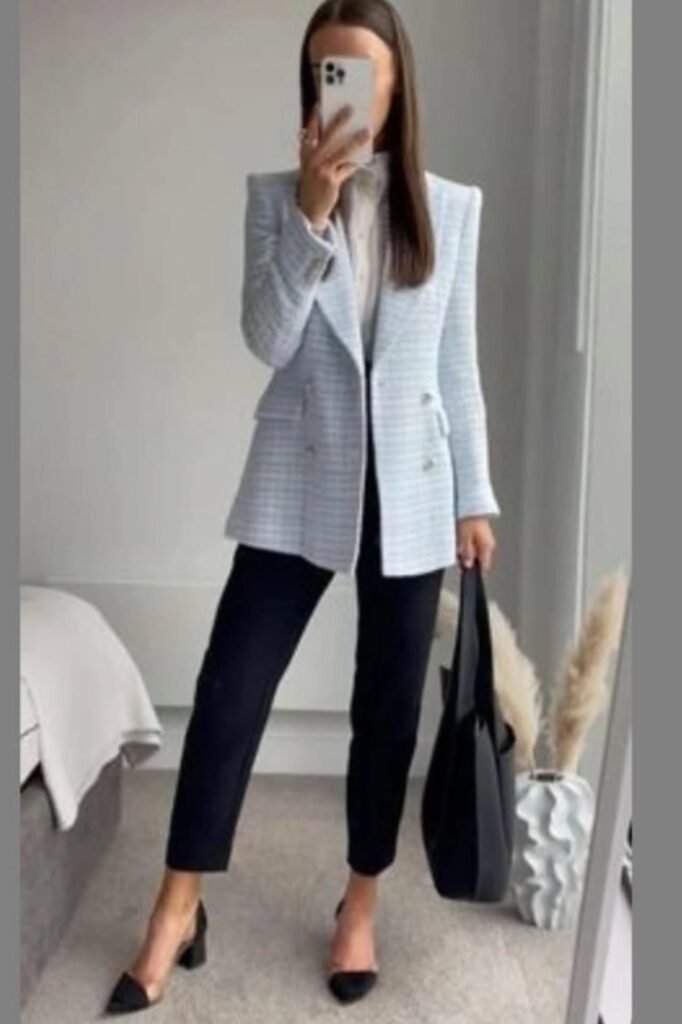 Light Blue Tweed Blazer + White Blouse + Black Cropped Trousers + Black Slingback Heels