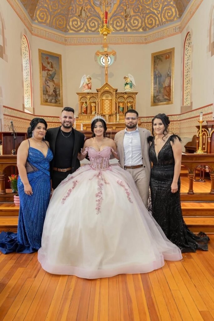 Light Pink Quinceañera Ballgown with Floral Embroidery + Silver Tiara