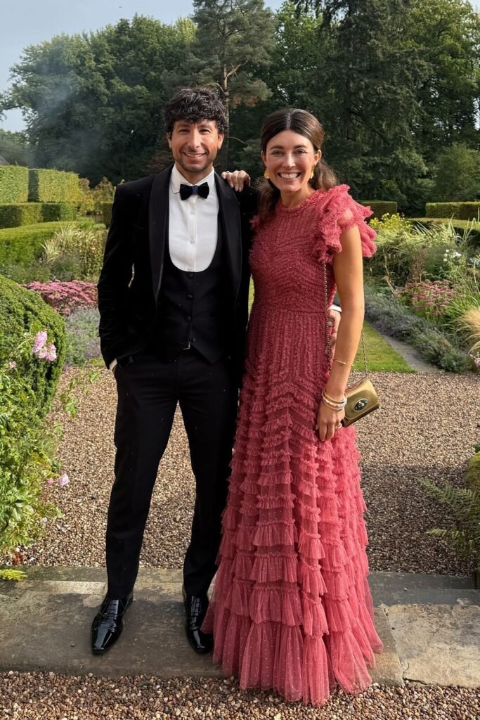 Light Pink Ruffled Dress + Mint Green Fascinator + Green Embroidery Bag