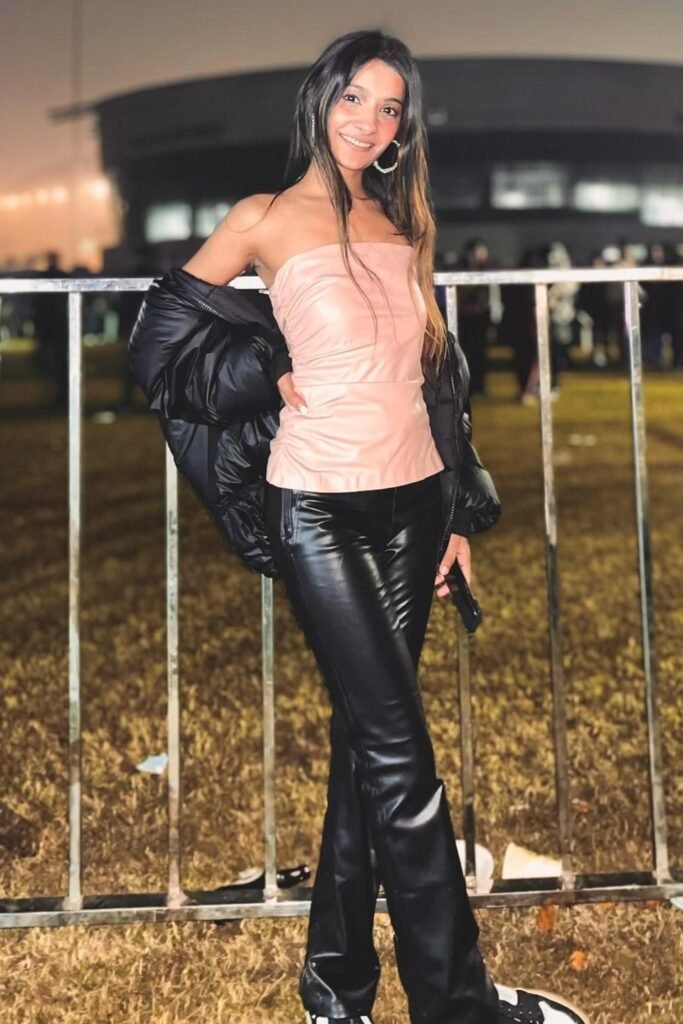 Light Pink Strapless Leather Top + Black Leather Flared Trousers + Black Puffer Jacket