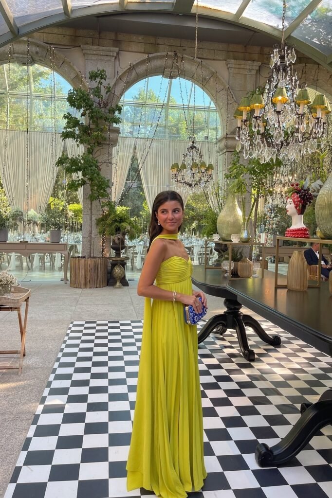 Lime Green Pleated Maxi Dress + Blue Patterned Clutch + Gold Jewelry