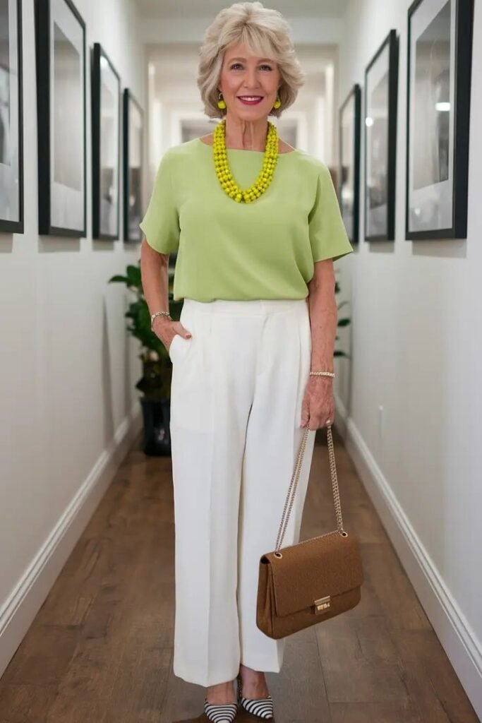 Lime Green Short-Sleeve Top + White High-Waisted Trousers + Striped Pointed-Toe Flats