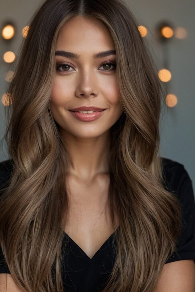 Long Brunette Hair with Soft Layering and Middle Part