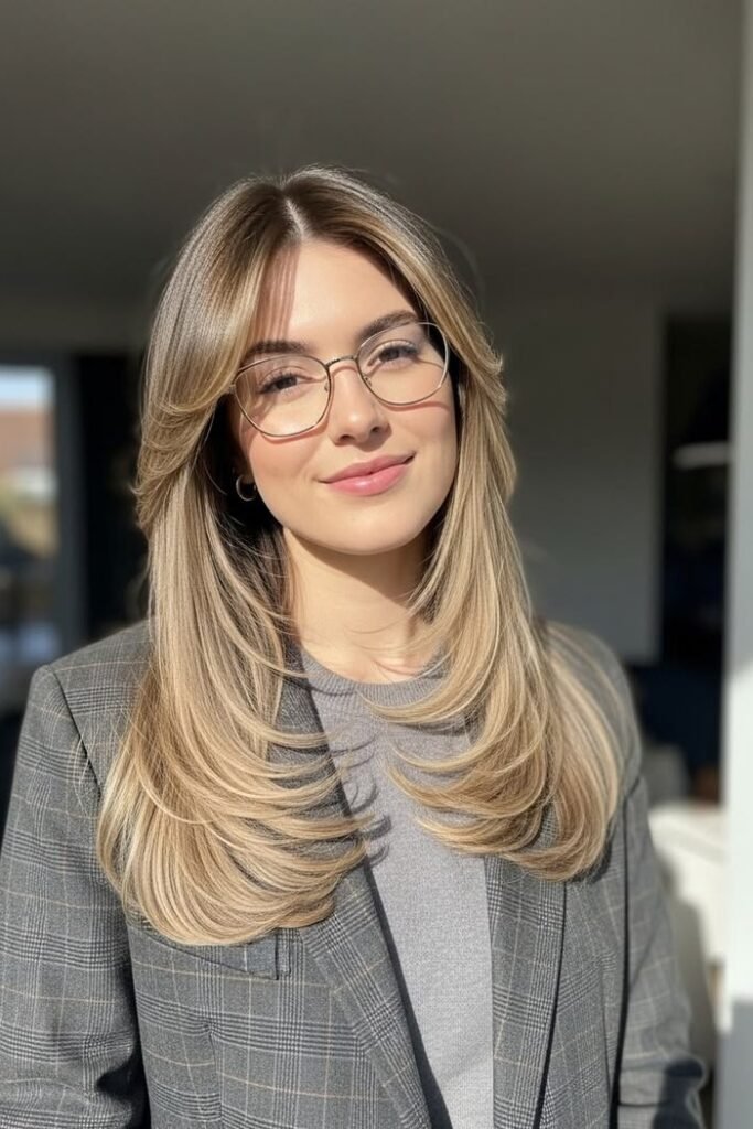 Long Butterfly Cut with Voluminous Layers and Curtain Bangs