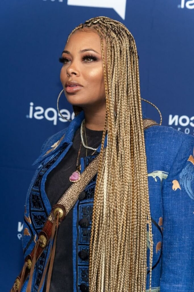 Long Honey Blonde Box Braids with Hoop Earrings