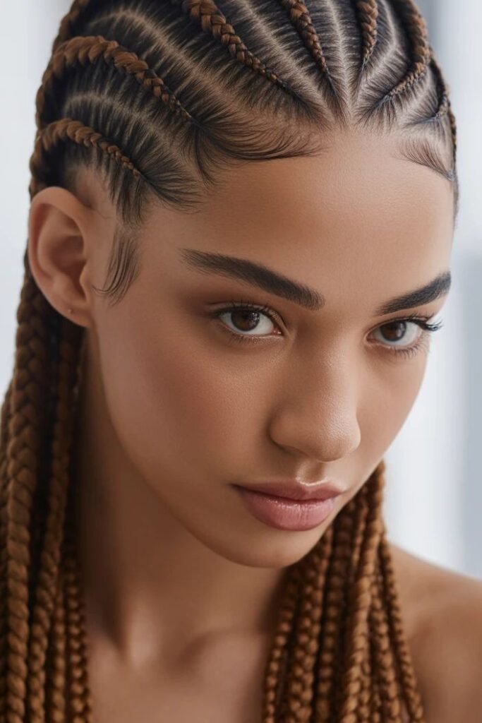 Long Honey-Brown Feed-in Cornrows with Laid Edges