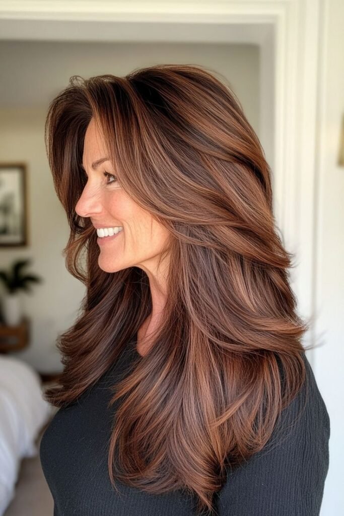 Long Layered Auburn Hair with Voluminous Face-Framing Swirls