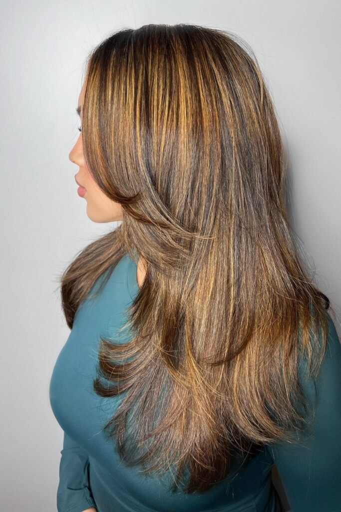 Long Layered Hair with Honey Blonde Highlights and Face-Framing Layers