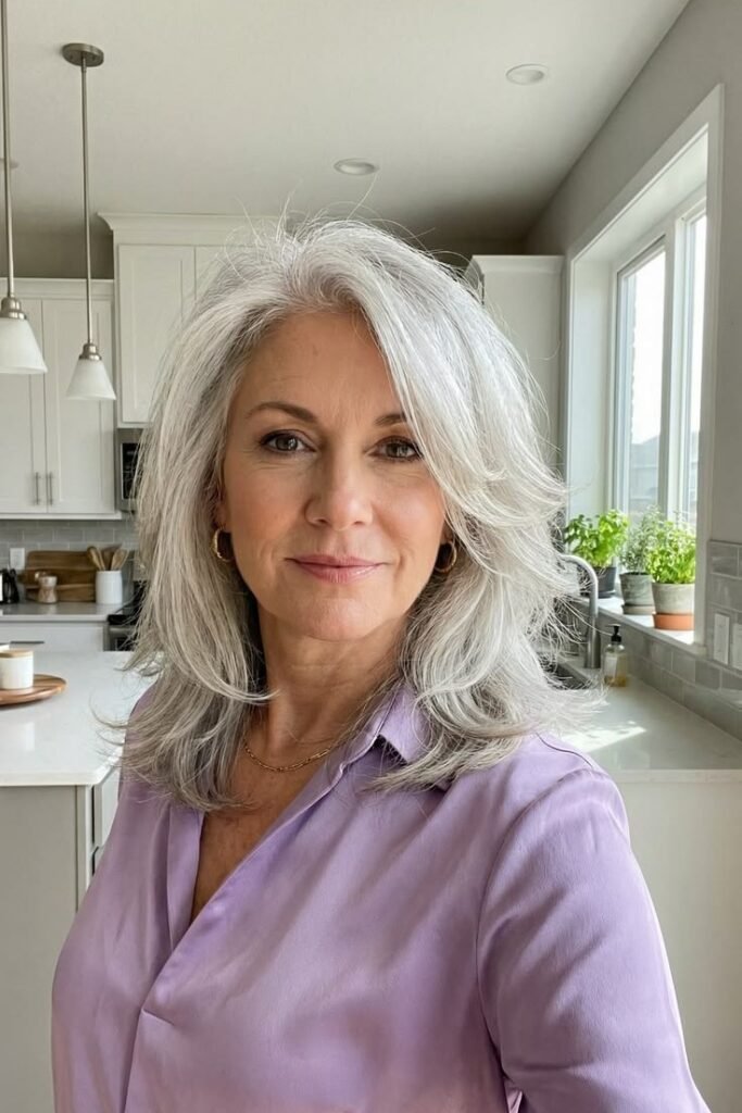 Long Layered Silver Hair with Face-Framing Volume