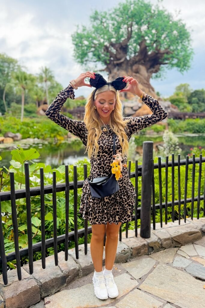 Long-Sleeve Leopard Print Ruffle Dress + Black Crossbody Bag + White Sneakers