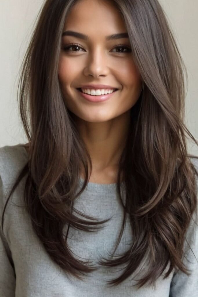Long Straight Dark Chocolate Layers with Soft Face Framing