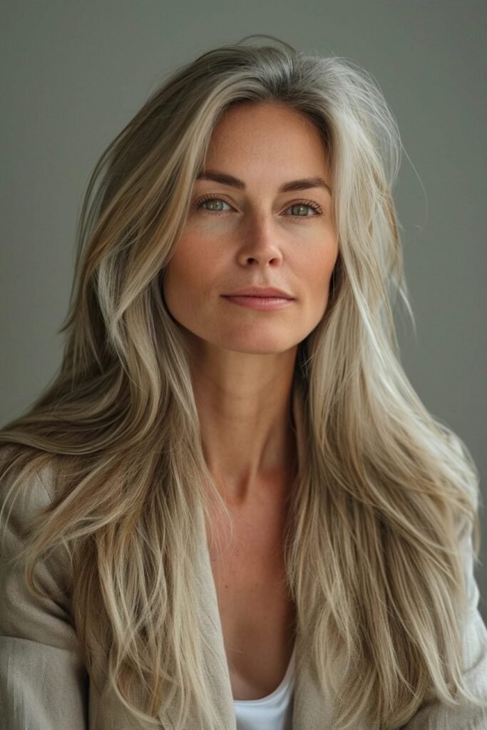 Long Textured Layers in Neutral Ash Blonde and Grey Transition