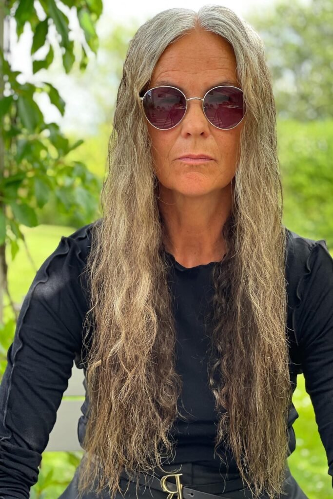 Long Textured Salt-and-Pepper Hair with Middle Part