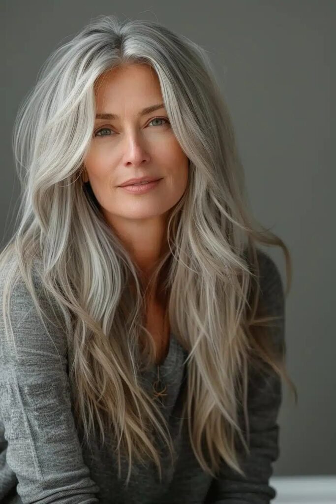 Long Tousled Beach Waves in Multi-Tonal Silver and Ash