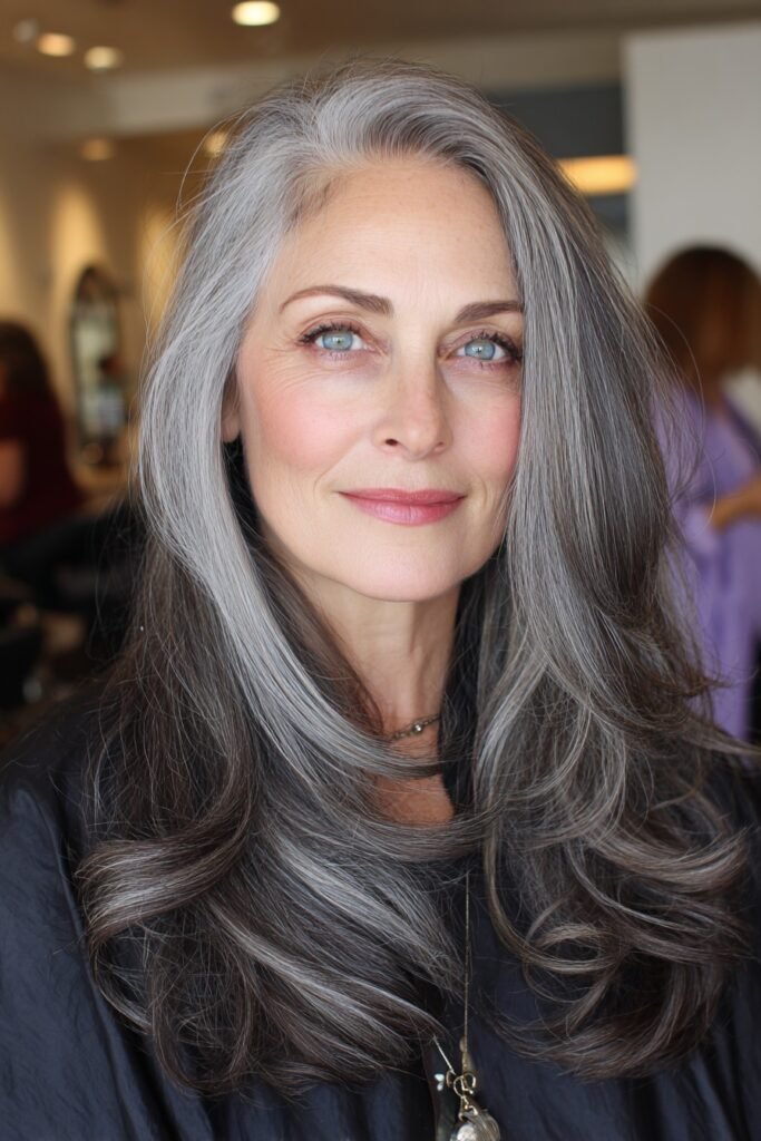 Long Voluminous Layers with Silver Fox Salt-and-Pepper Blend