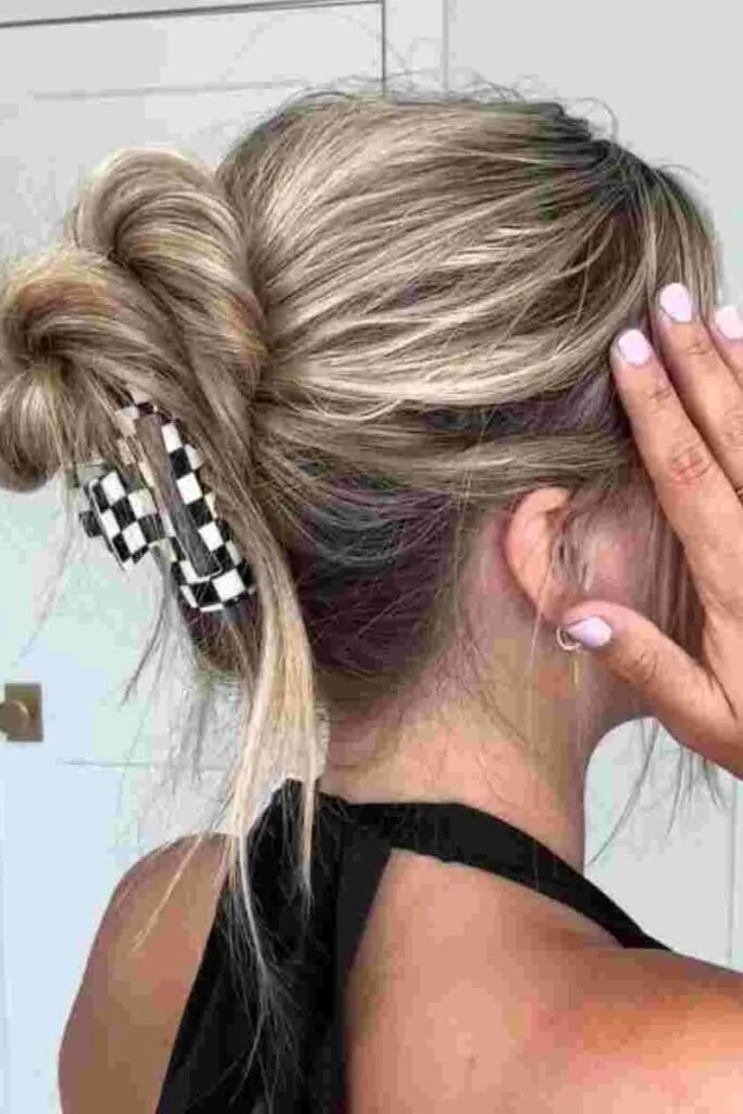 Loose Textured Updo with Checkered Pattern Claw Clip